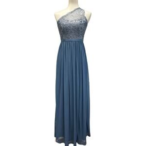 David's Bridal Womens Size 0 One Shoulder Lacy Blue Long Bridesmaid's Dress